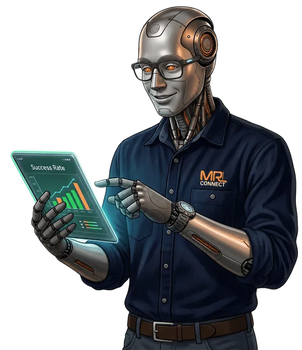 Mascote MRL Conect mostrando taxa de sucesso